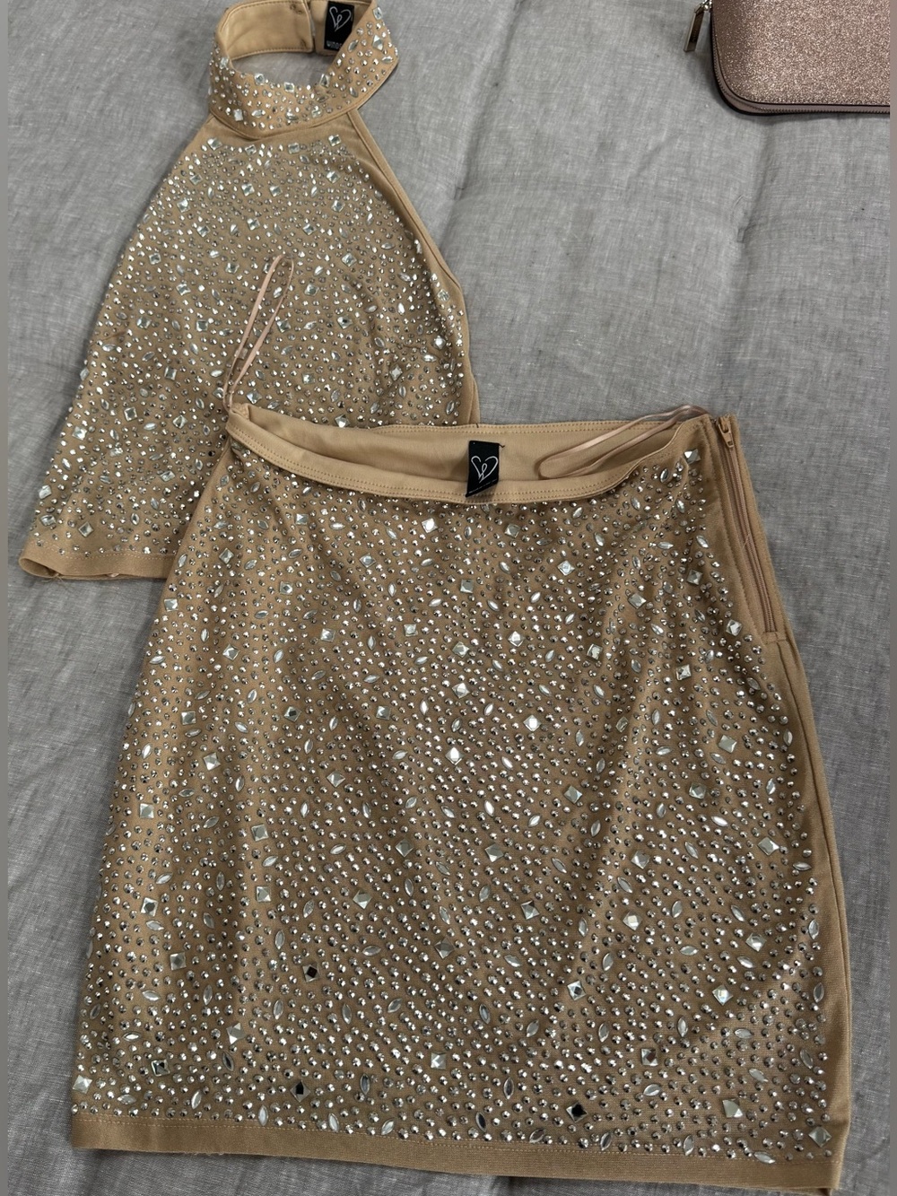 Windsor Embellished Nude Beaded Halter Top & Mini Skirt Set size S